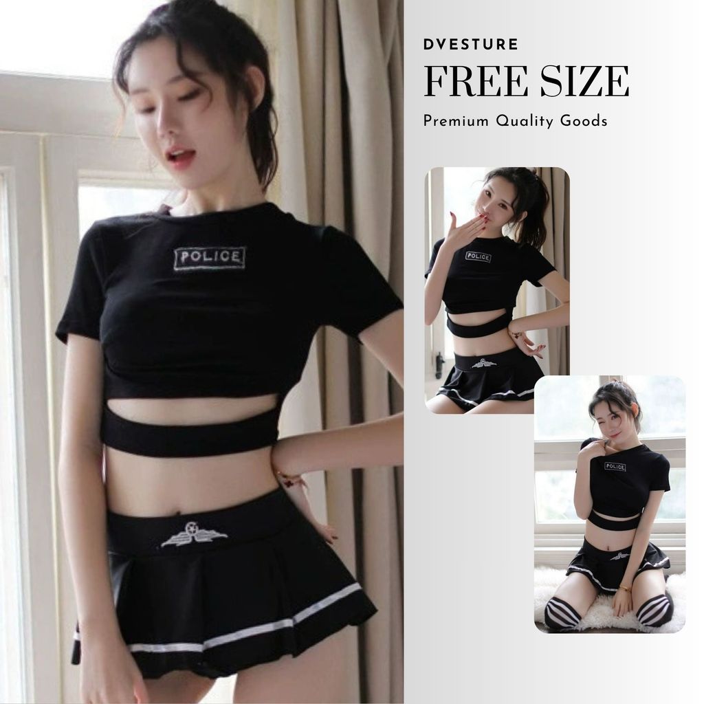 Pekanbaru Lingerie Set D-131 Cosplay Atasan Dan Rok Plus Stocking Seragam Polisi Cantik
