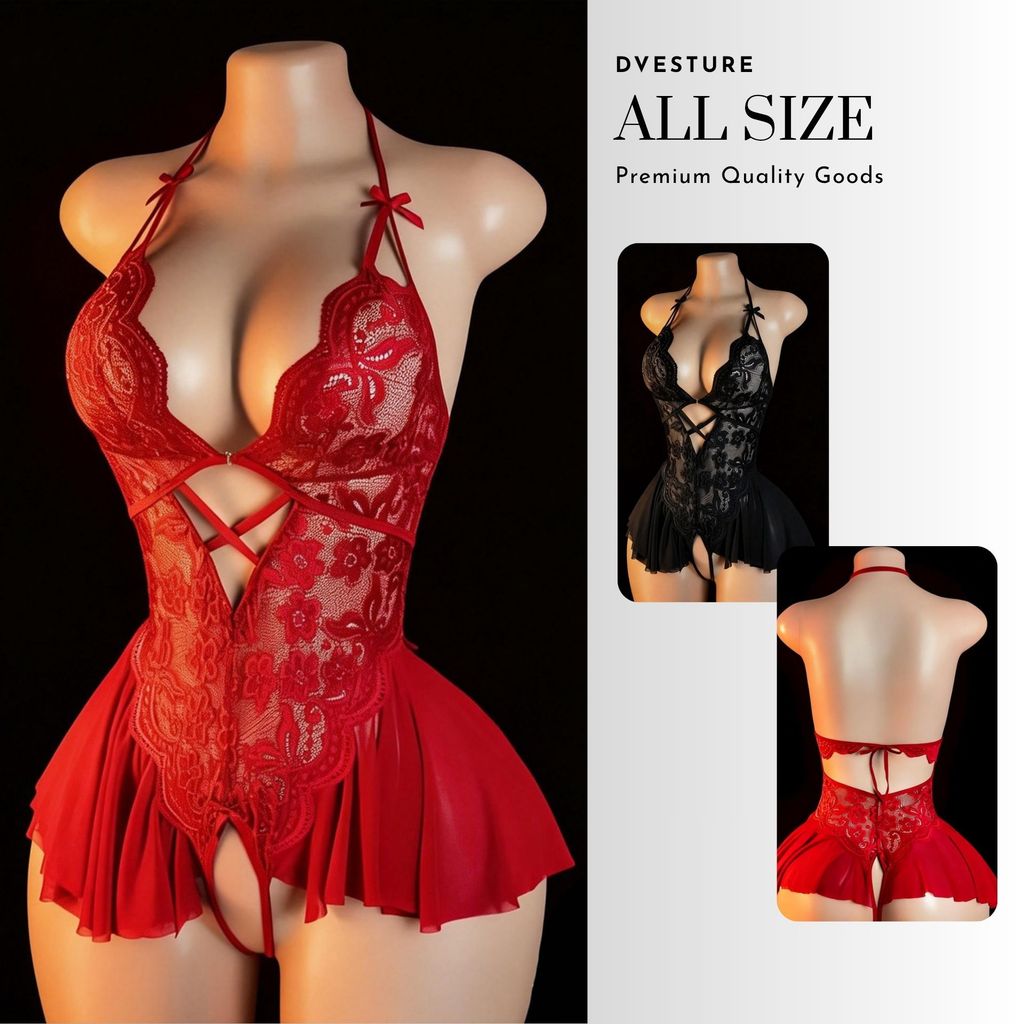 Pekanbaru Lingerie Dress Set D-179 Halter Neck Transparan Renda Nyaman Dipakai