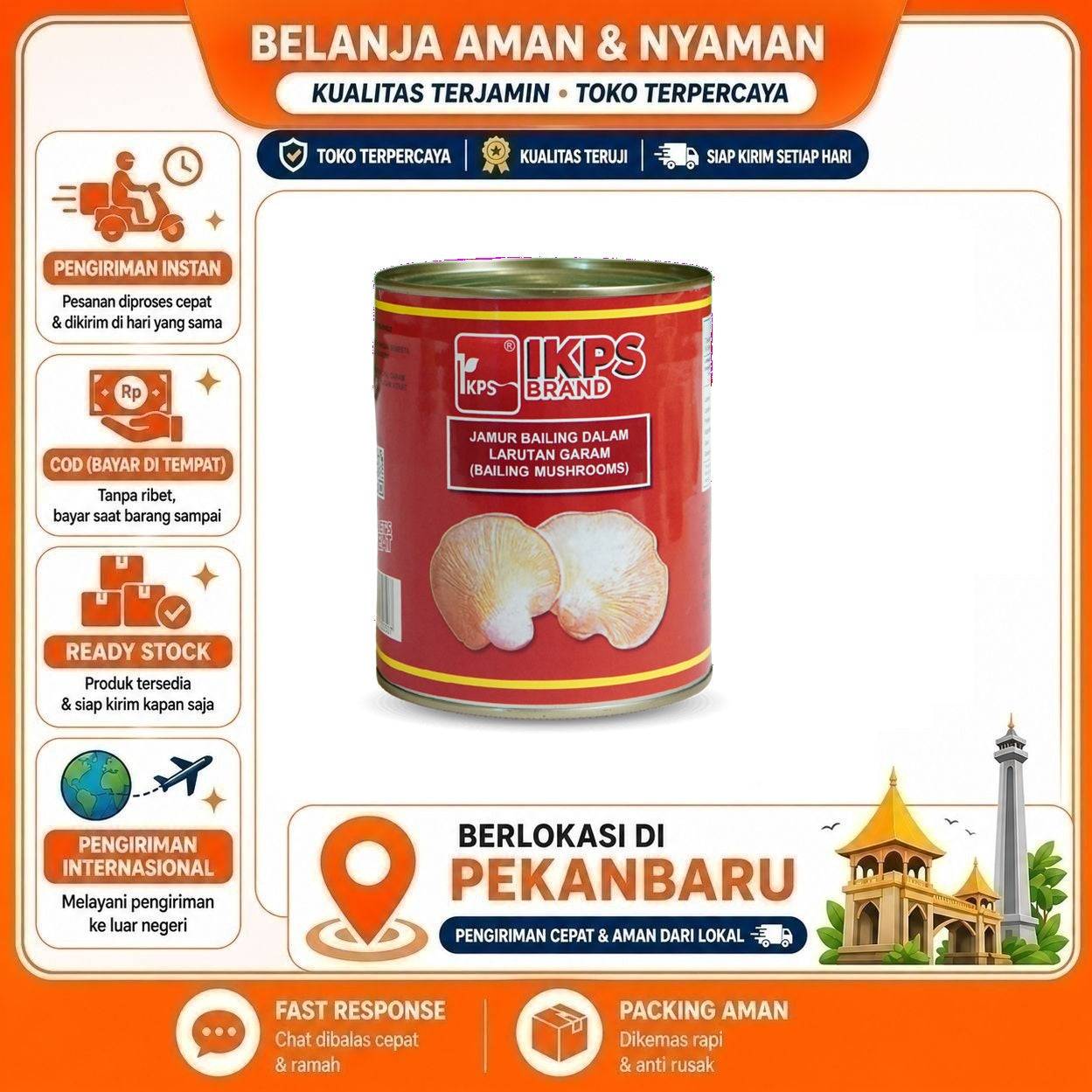 [SDW] pekanbaru/850 Gram IKPS Brand Bailing Mushroom Jamur Dalam Larutan Garam Kemasan Kaleng Halal