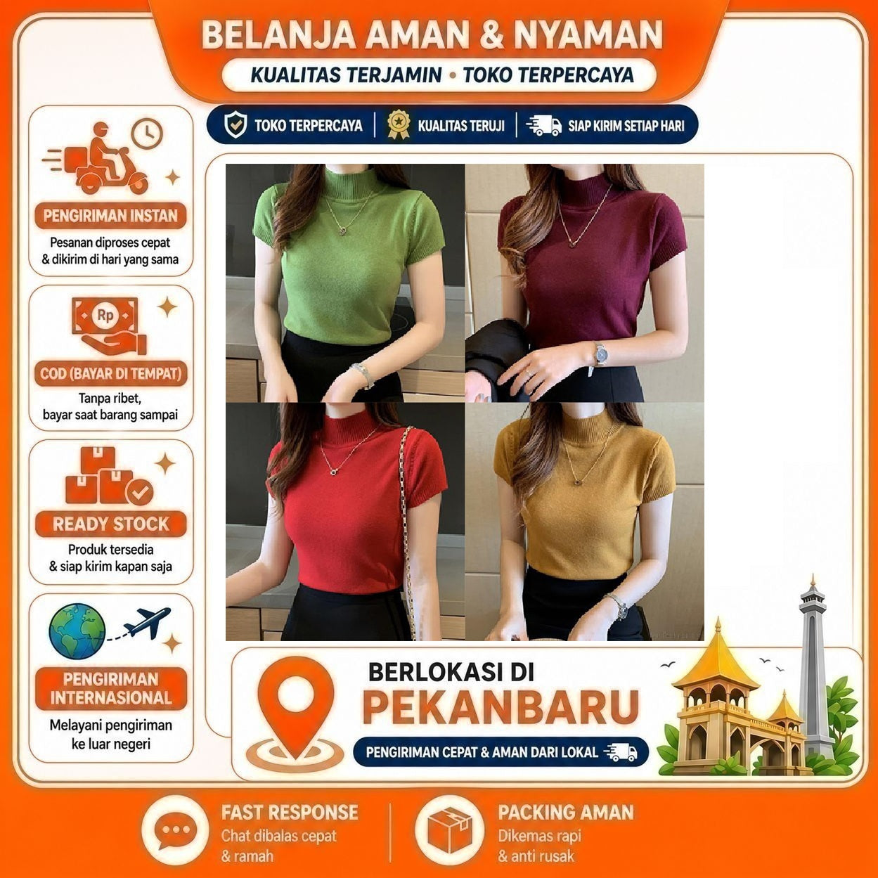 [SDW] pekanbaru/Baju Model Turtleneck Kaos Lengan Pendek Carenina Baju RIB Garis-Garis (LD 80, P 40)