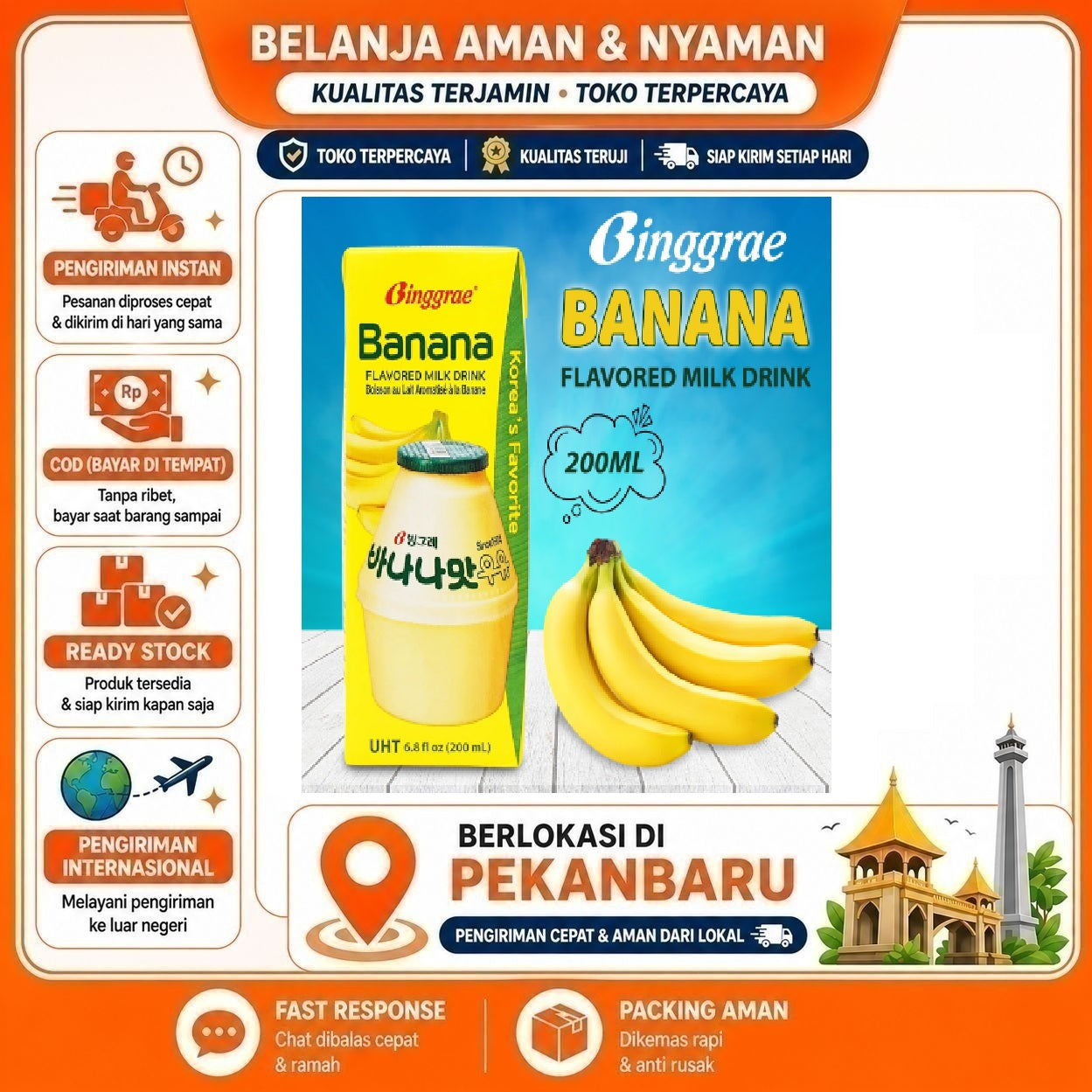 [SDW] pekanbaru/200ml Binggrae Banana Flavored Milk Drink Minuman Susu Rasa Buah Pisang Halal Korea