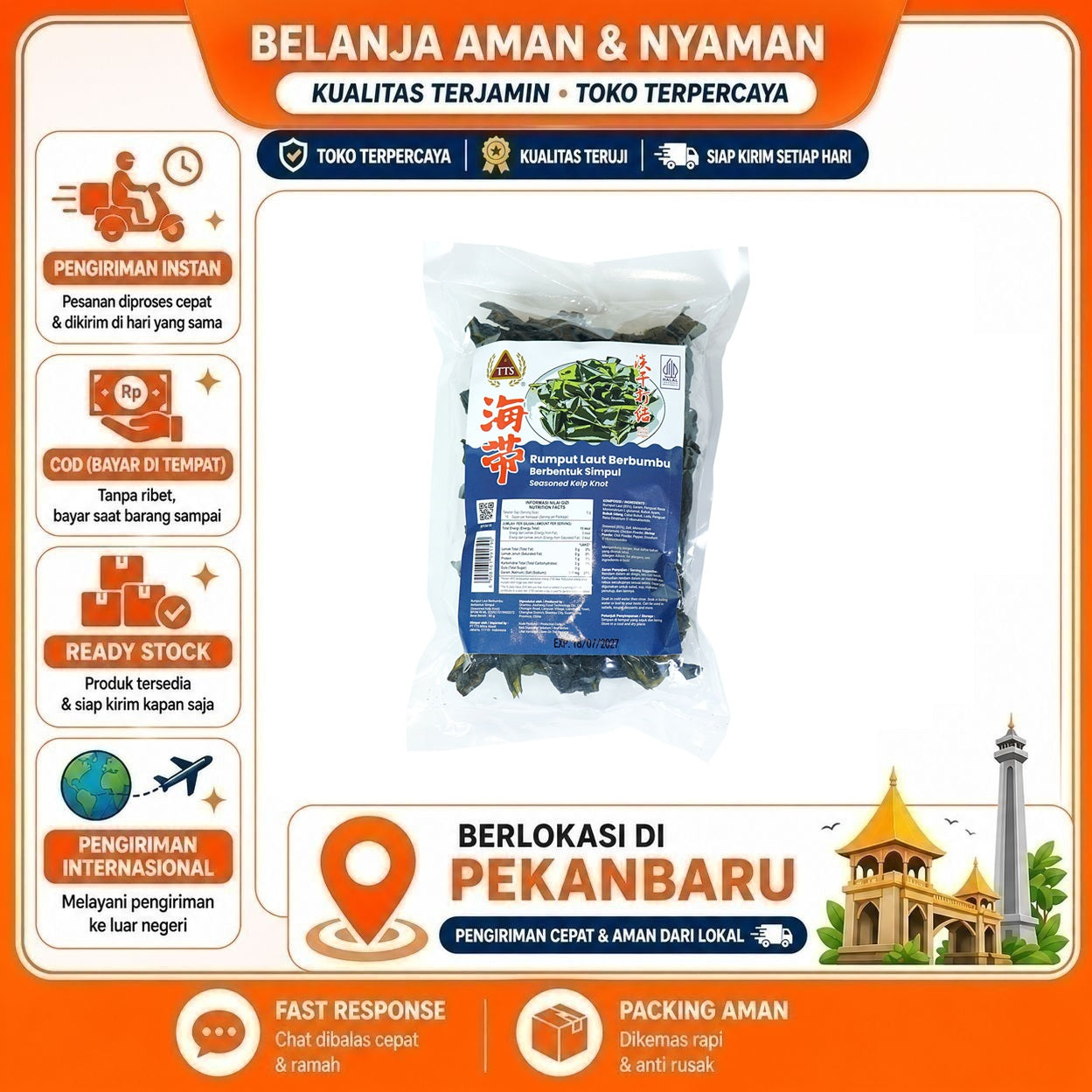 [SDW] pekanbaru/80 gr TTS Seasoned Kelp Knot Rumput Laut Berbumbu Berbentuk Simpul Seaweed Halal 80g