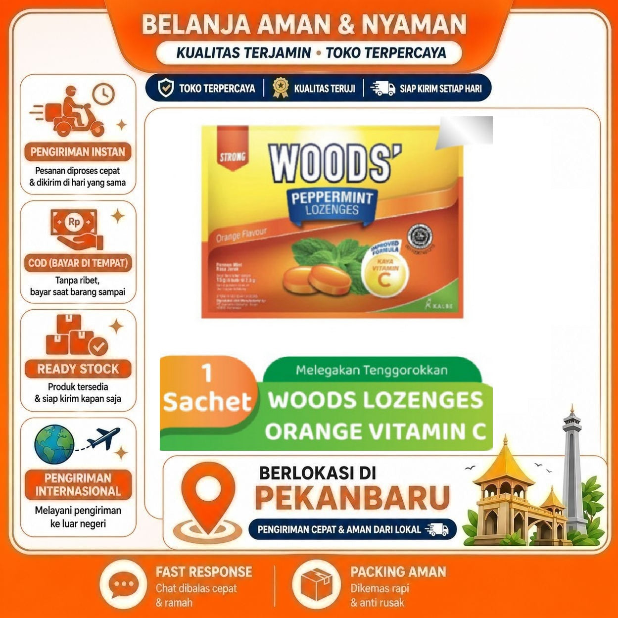 [SDW] pekanbaru/Wood's Peppermint Lozenges Orange Flavour Strong Permen Rasa Buah Jeruk Segar Halal