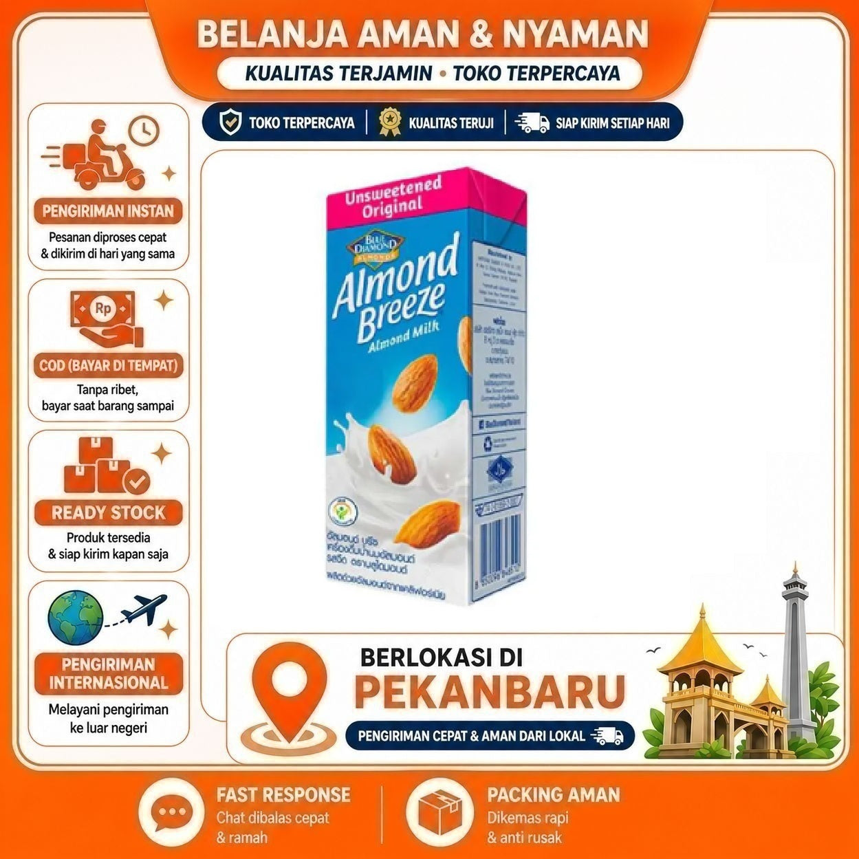 [SDW] pekanbaru/180ml Almond Breeze Milk Unsweetened Flavor Blue Diamond Minuman Susu Non-Dairy