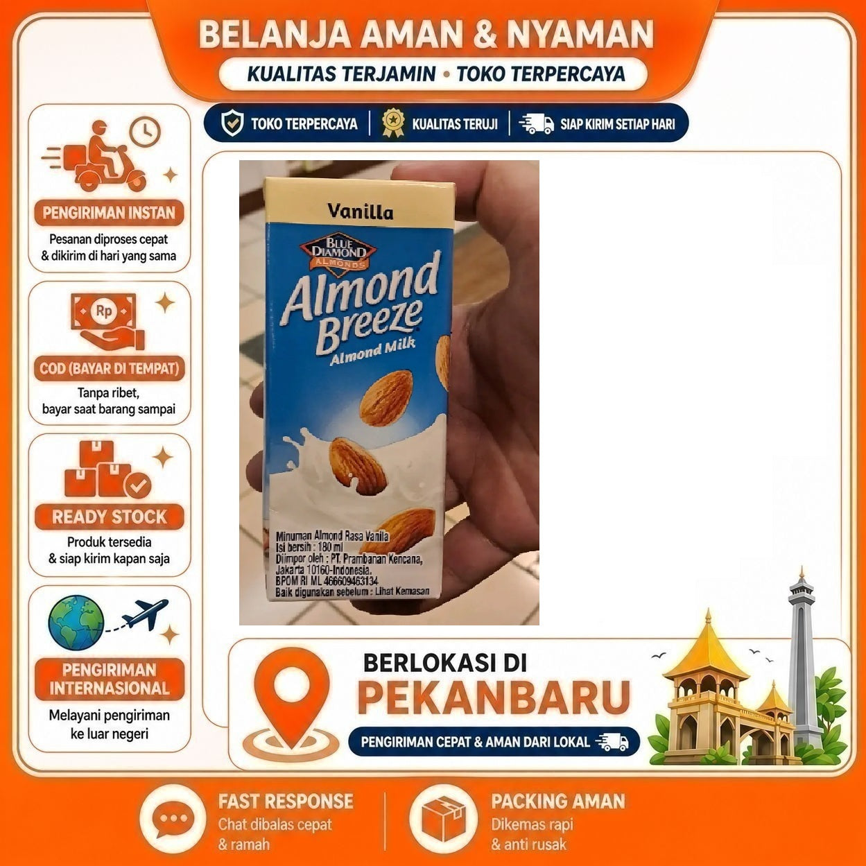 [SDW] pekanbaru/180ml Almond Breeze Milk Vanilla Flavor Blue Diamond Minuman Susu Non-Dairy Vanila