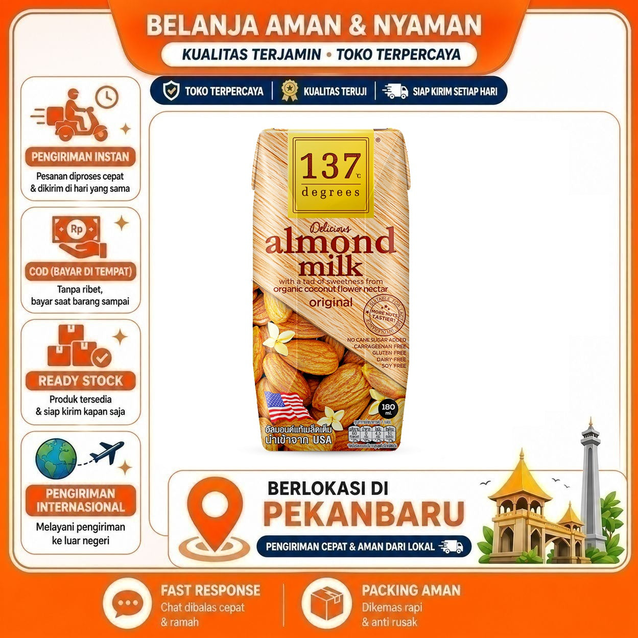 [SDW] pekanbaru/180ml 137 Degrees Almond Milk Original Susu Non-Dairy Nabati Kacang Delicious Enak