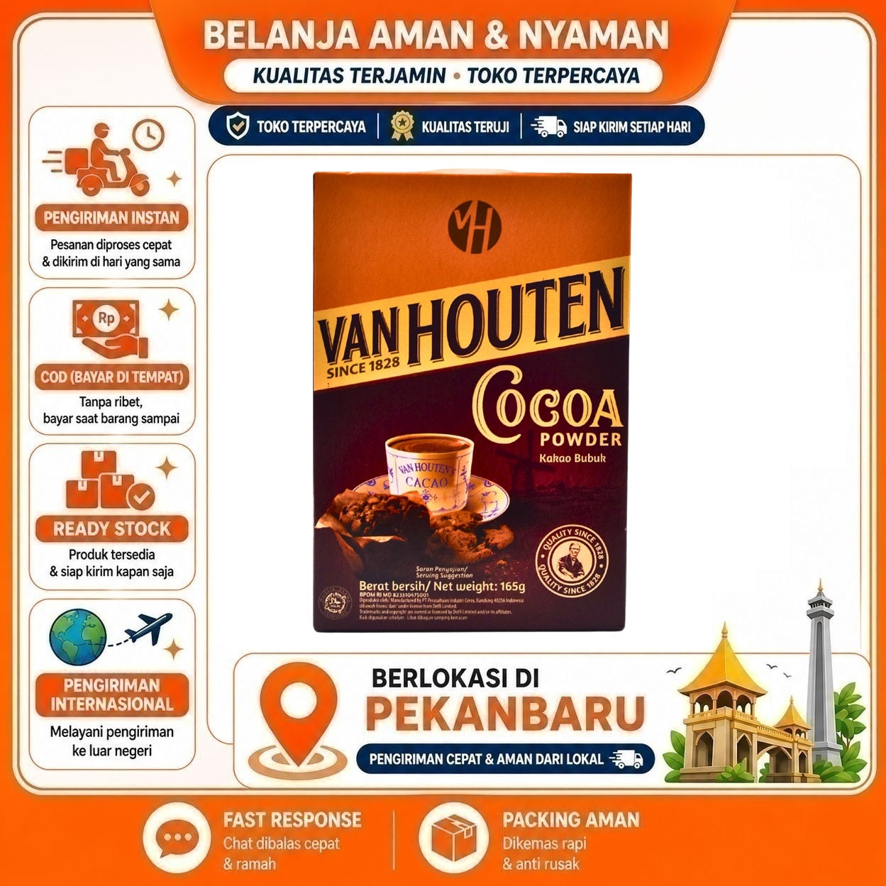 [SDW] pekanbaru/165 gr Bubuk Kakao Van Houten Cocoa Powder Rasa Coklat Alami Praktis Untuk Kue Cake