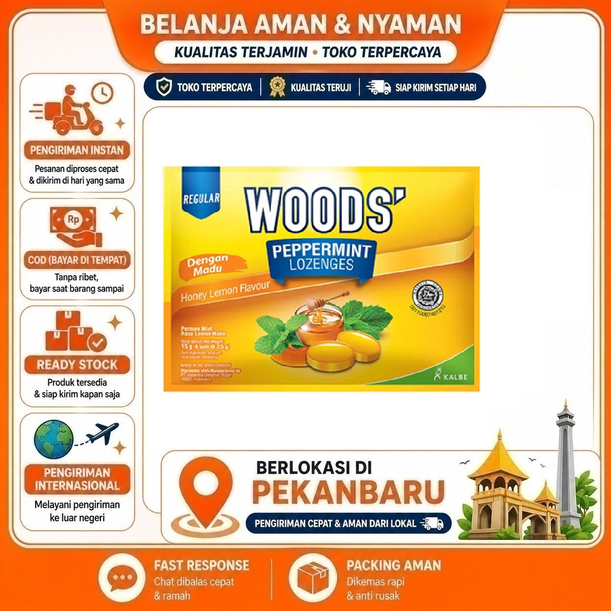 [SDW] pekanbaru/Wood's Peppermint Lozenges Honey Lemon Flavour Extra Strong Permen Rasa Madu Segar