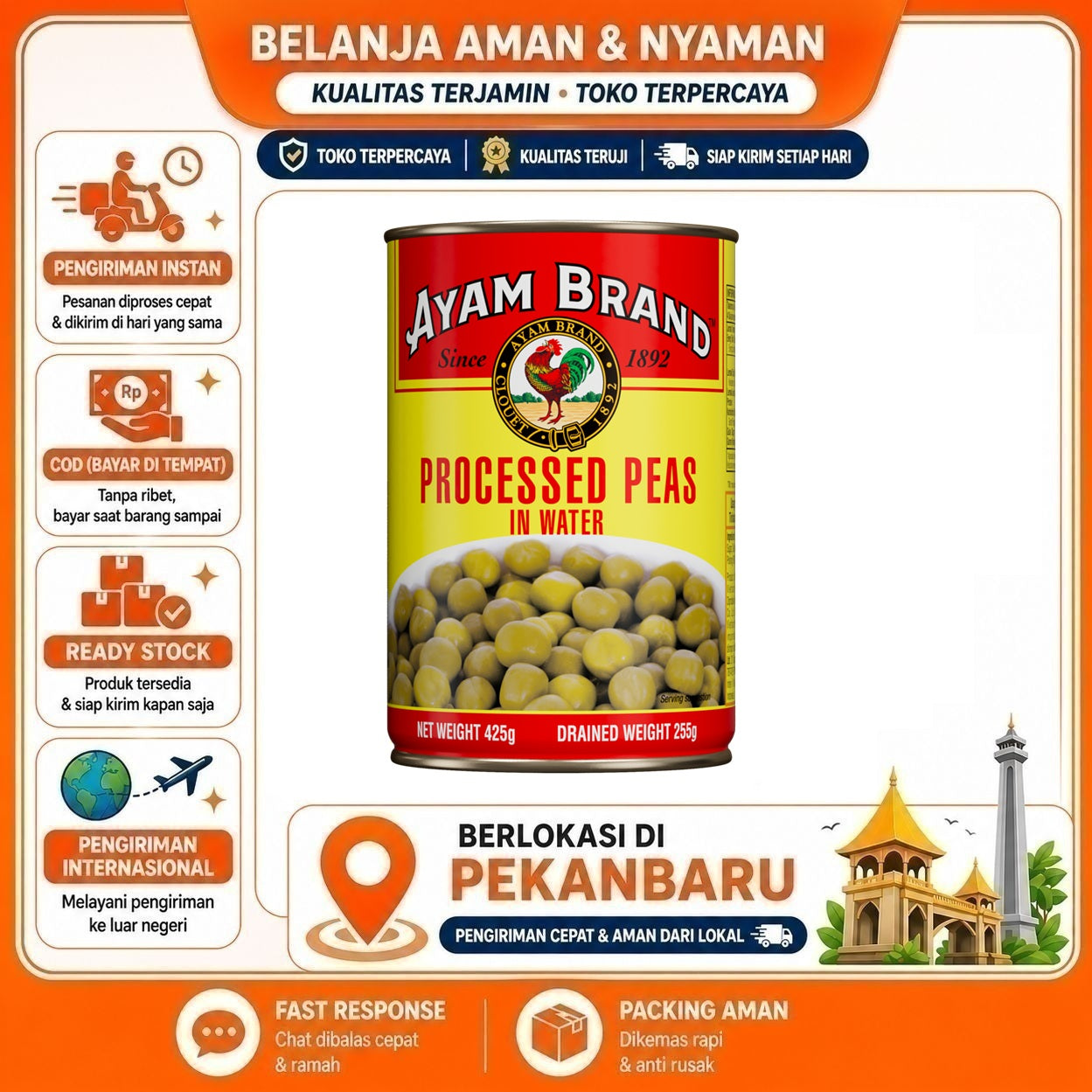 [SDW] pekanbaru/425 Gram Ayam Brand Kacang Polong Dalam Air Processed Peas Kemasang Kaleng Halal