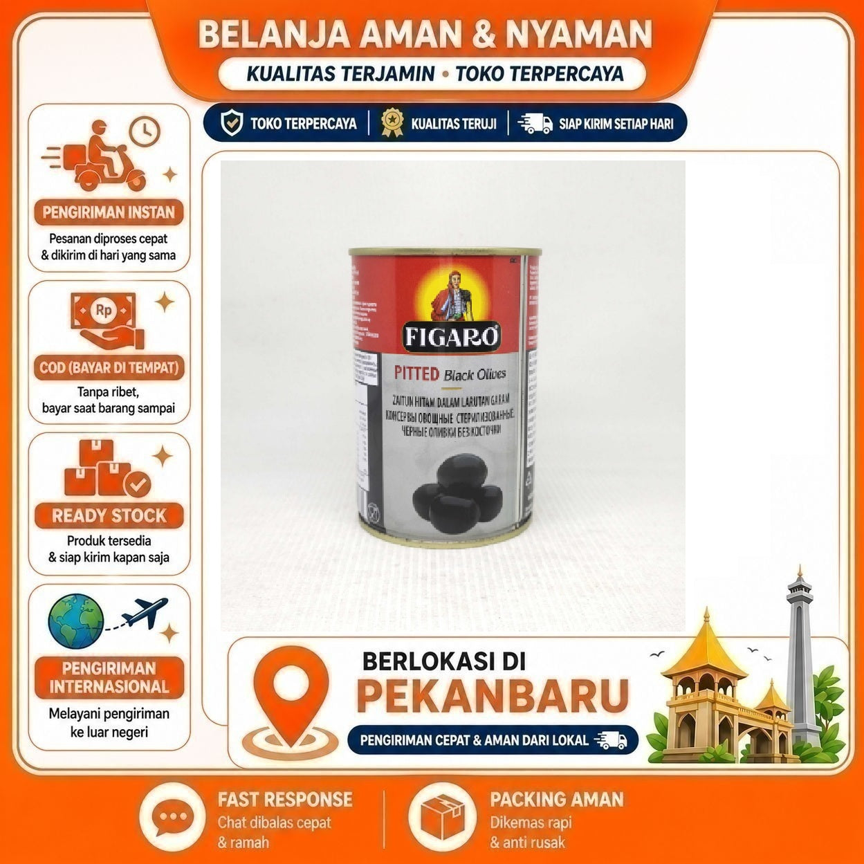 [SDW] pekanbaru/400 Gram Figaro Pitted Black Olives Buah Zaitun Hitam Dalam Kemasan Kaleng Halal
