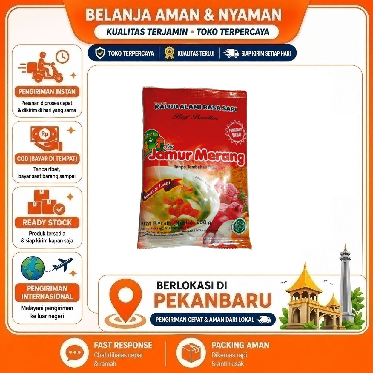 [SDW] pekanbaru/250 Gram Bumbu Kaldu Sapi Cap Jamur Merang Bebas MSG Free Seasoning Halal Alami 250g