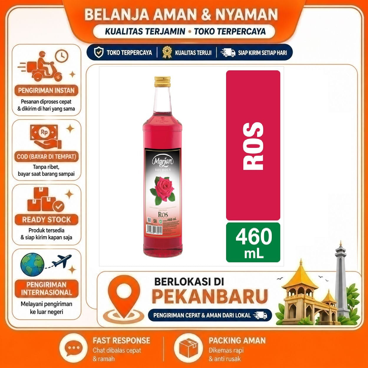 [SDW] pekanbaru/460ml Marjan Boudoin Sirup Rasa Ros Bunga Mawar Rose Syrup Bahan Minuman Halal Enak