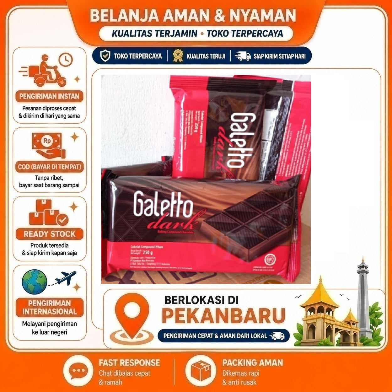[SDW] pekanbaru/250 Gram Galetto Dark Baking Compound Chocolate Cokelat Hitam Bahan Dekorasi Kue Mix
