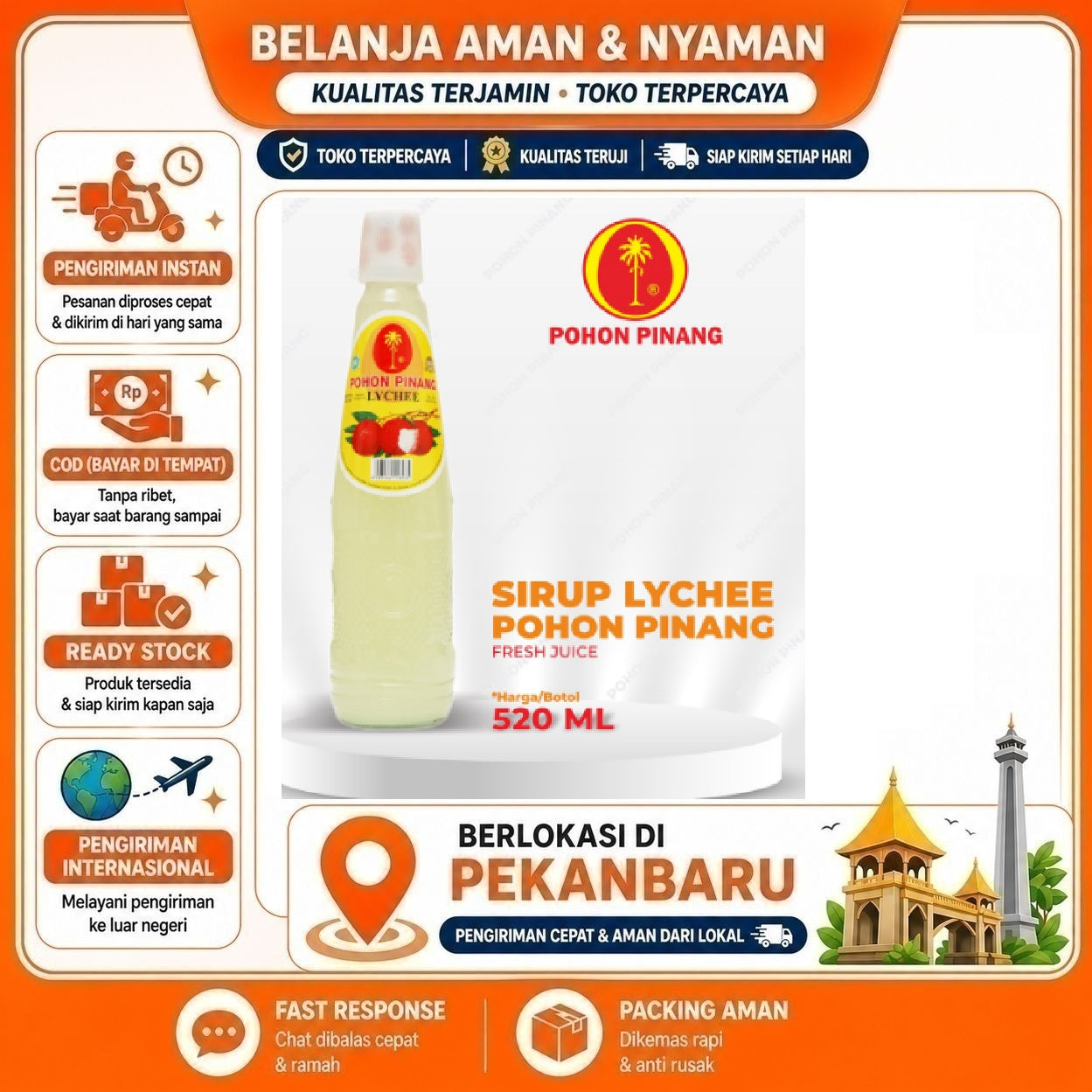 [SDW] pekanbaru/520ml Pohon Pinang Sirup Rasa Buah Leci Segar Lychee Fruit Syrup Kemasan Botol Kaca