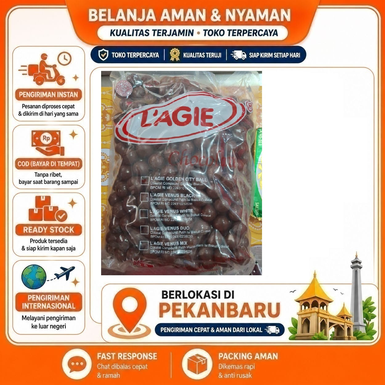[SDW] pekanbaru/1 kg L'agie Golden City Ball Cokelat Compound Susu Isi Biskuit Chocolate Biscuit 1kg