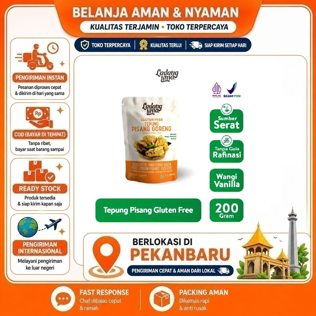 [SDW] pekanbaru/200 Gram Ladang Lima Tepung Pisang Goreng Bebas Gluten Tanpa Pemanis Buatan Halal