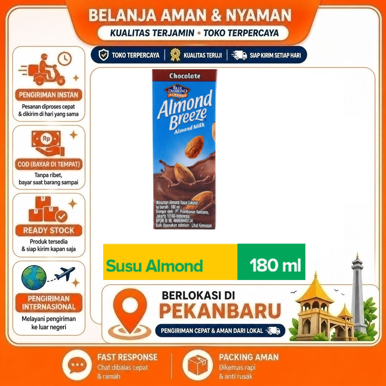 [SDW] pekanbaru/180ml Almond Breeze Milk Chocolate Flavor Blue Diamond Minuman Susu Non-Dairy Coklat