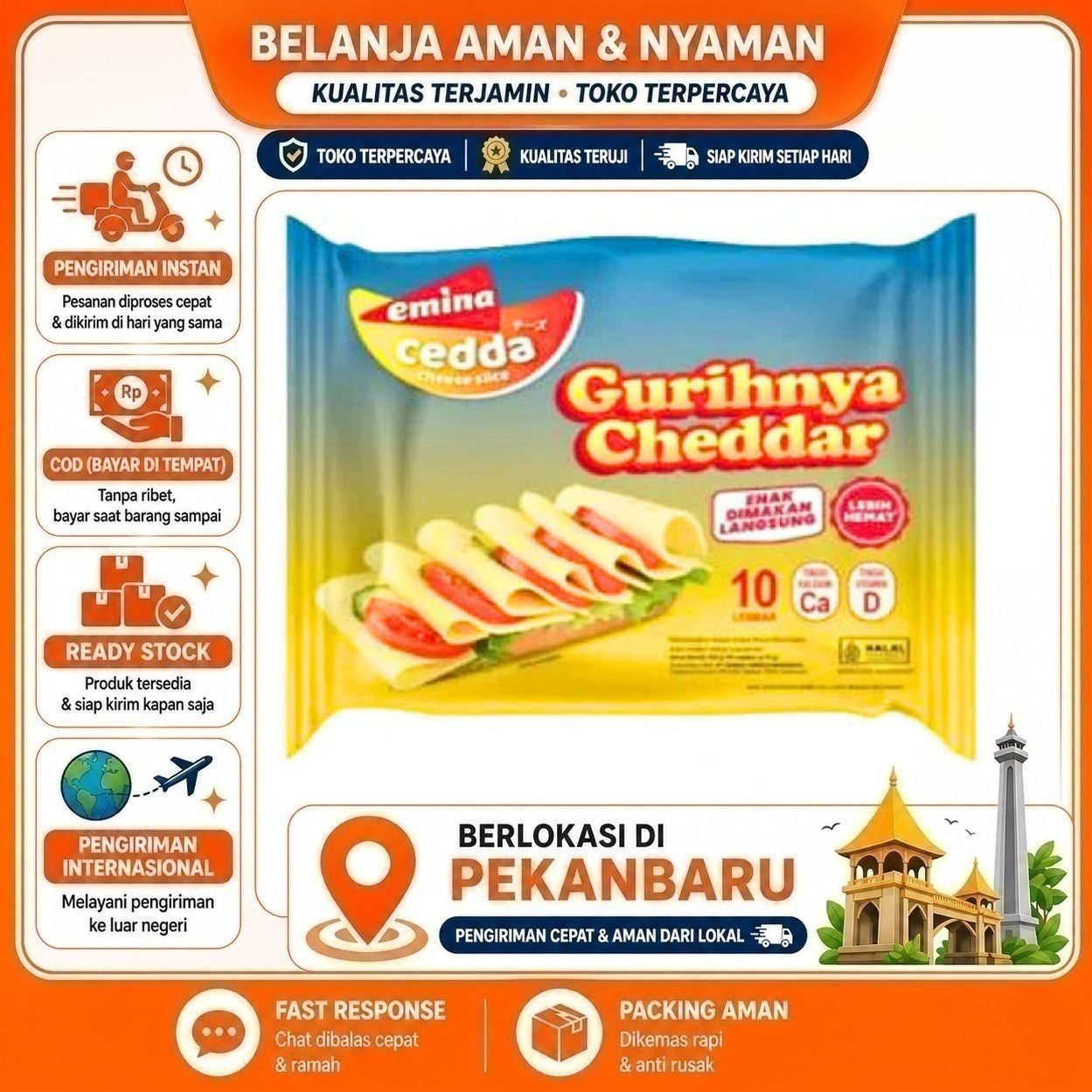 [SDW] pekanbaru/10 Lembar Emina Cedda Cheese Slice Gurihnya Cheddar Enak Dimakan Langsung Halal 75g