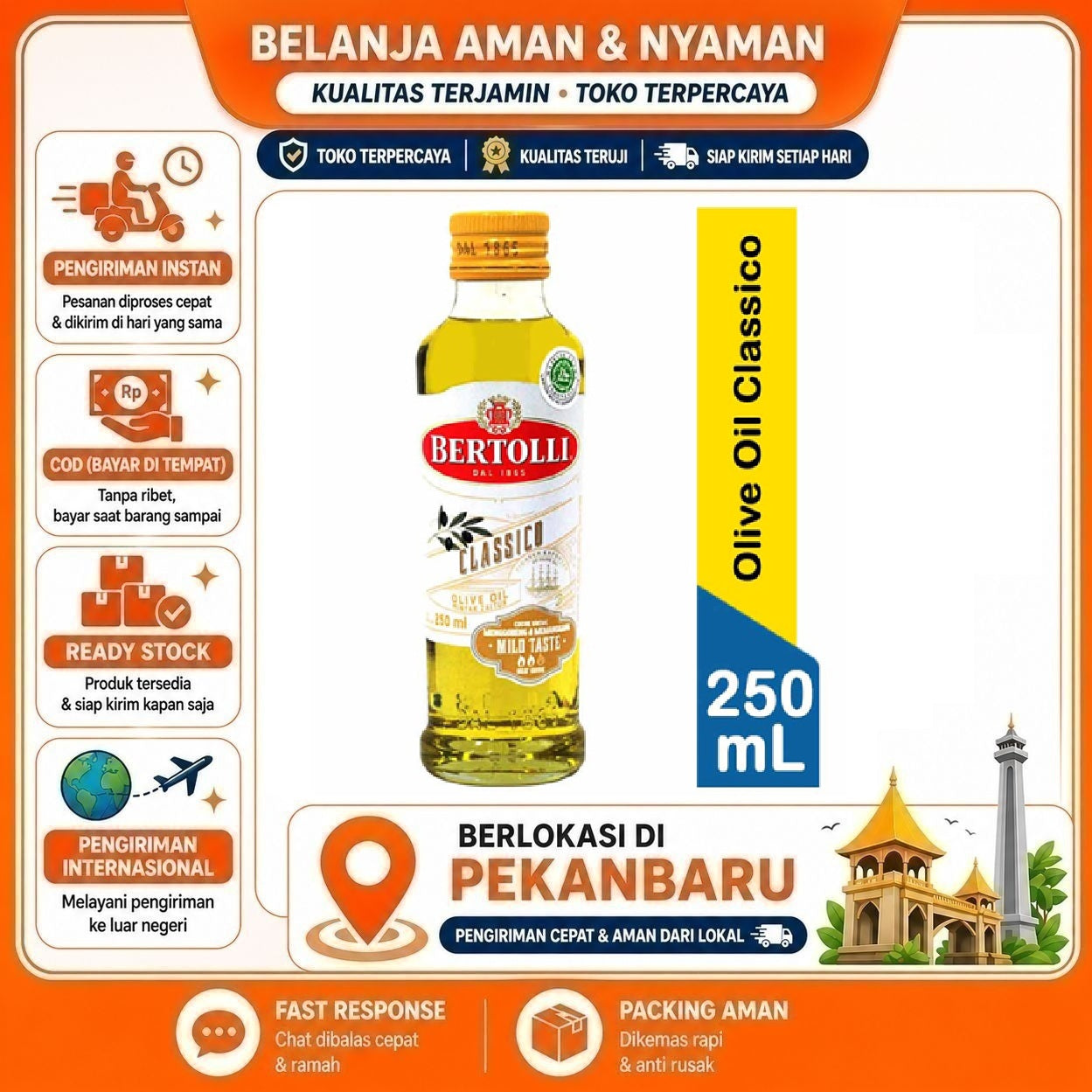 [SDW] pekanbaru/250ml Bertolli Classico Olive Oil Mild Taste Minyak Zaitun Kemasan Botol Kaca Halal