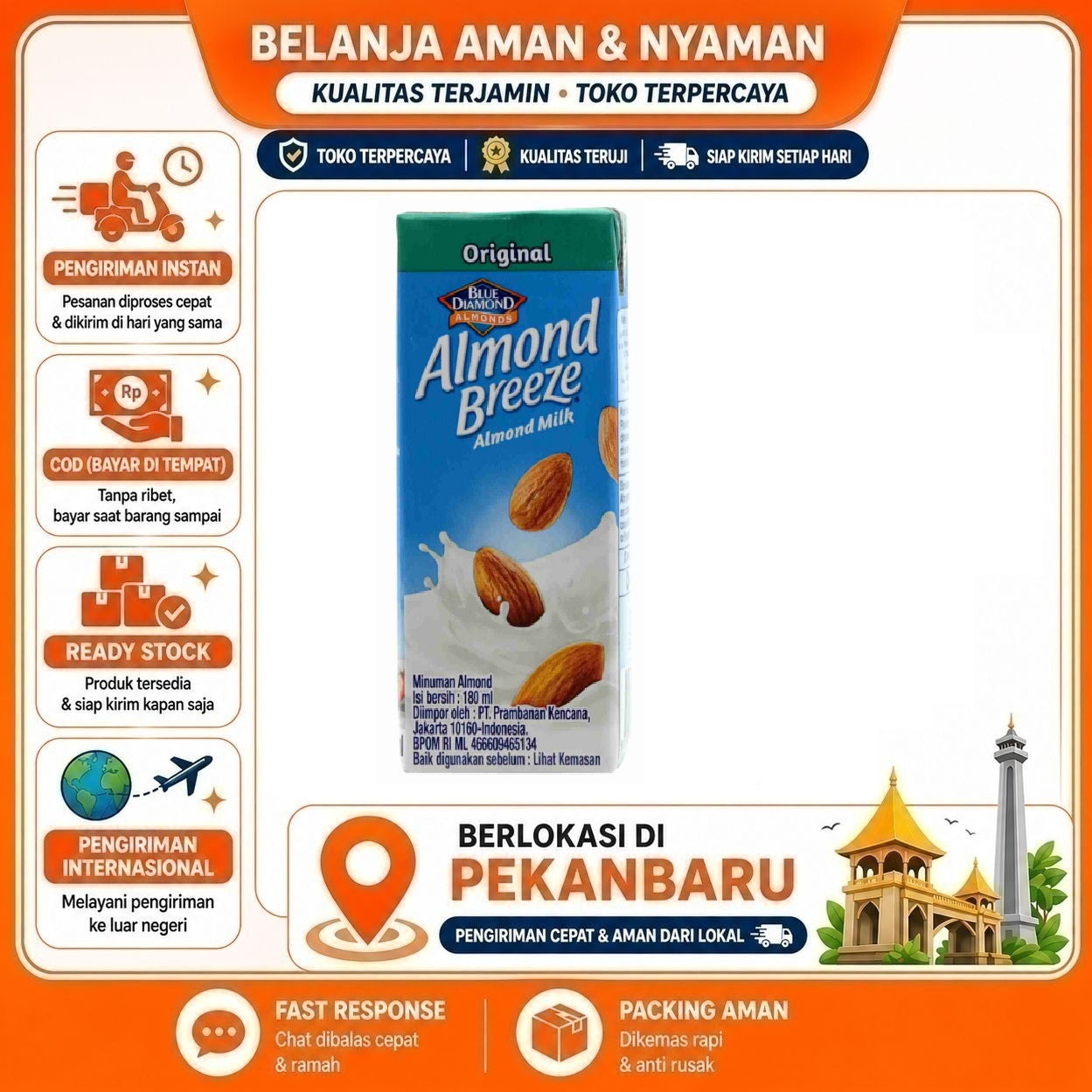 [SDW] pekanbaru/180ml Almond Breeze Milk Original Flavor Blue Diamond Minuman Susu Non-Dairy Halal