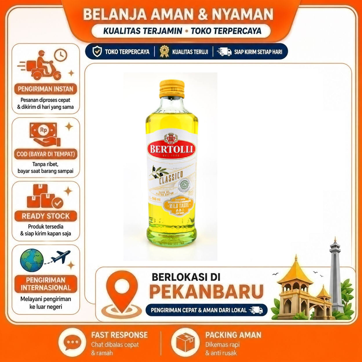 [SDW] pekanbaru/500ml Bertolli Classico Olive Oil Mild Taste Minyak Zaitun Kemasan Botol Kaca Halal
