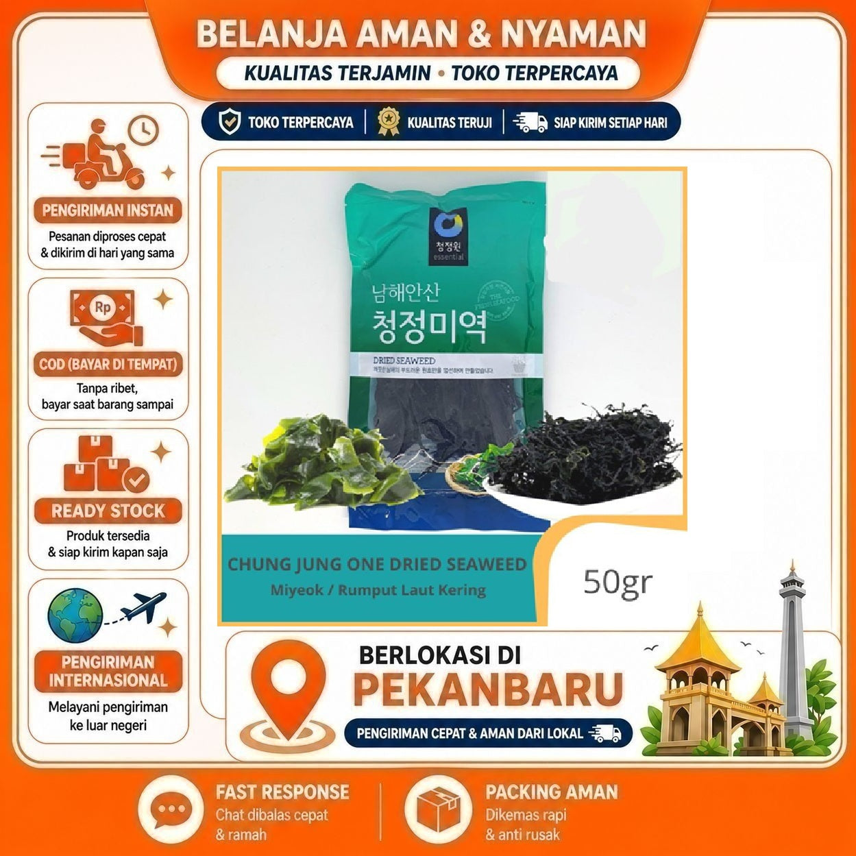 [SDW] pekanbaru/50 gr Rumput Laut Kering Chung Jung One Dried Seaweed Siap Masak, Rasa Otentik Halal