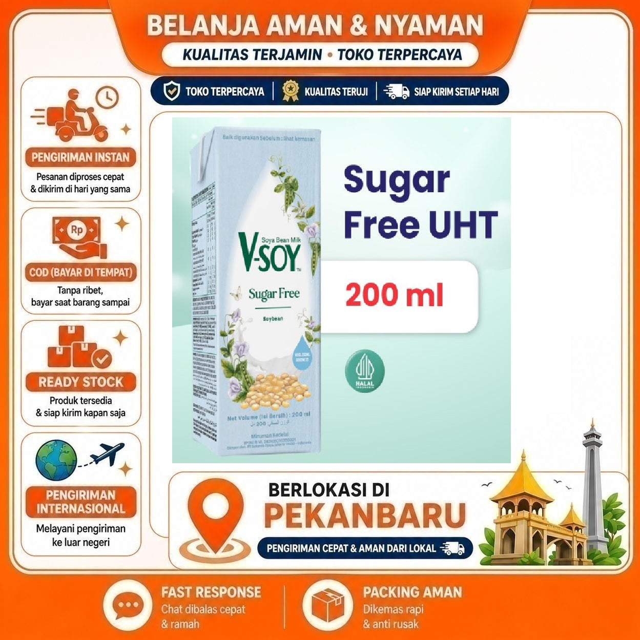 [SDW] pekanbaru/200ml V-soy Sugar Free Soya Bean Milk Soybean Minuman Nabati Susu Kacang Kedelai