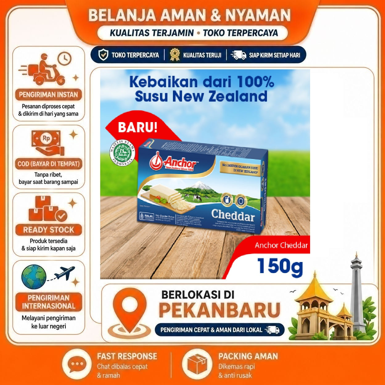 [SDW] pekanbaru/150 Gram Anchor Cheddar Cheese Keju Cedar Olahan Susu Berkualitas Bergizi Halal 150g