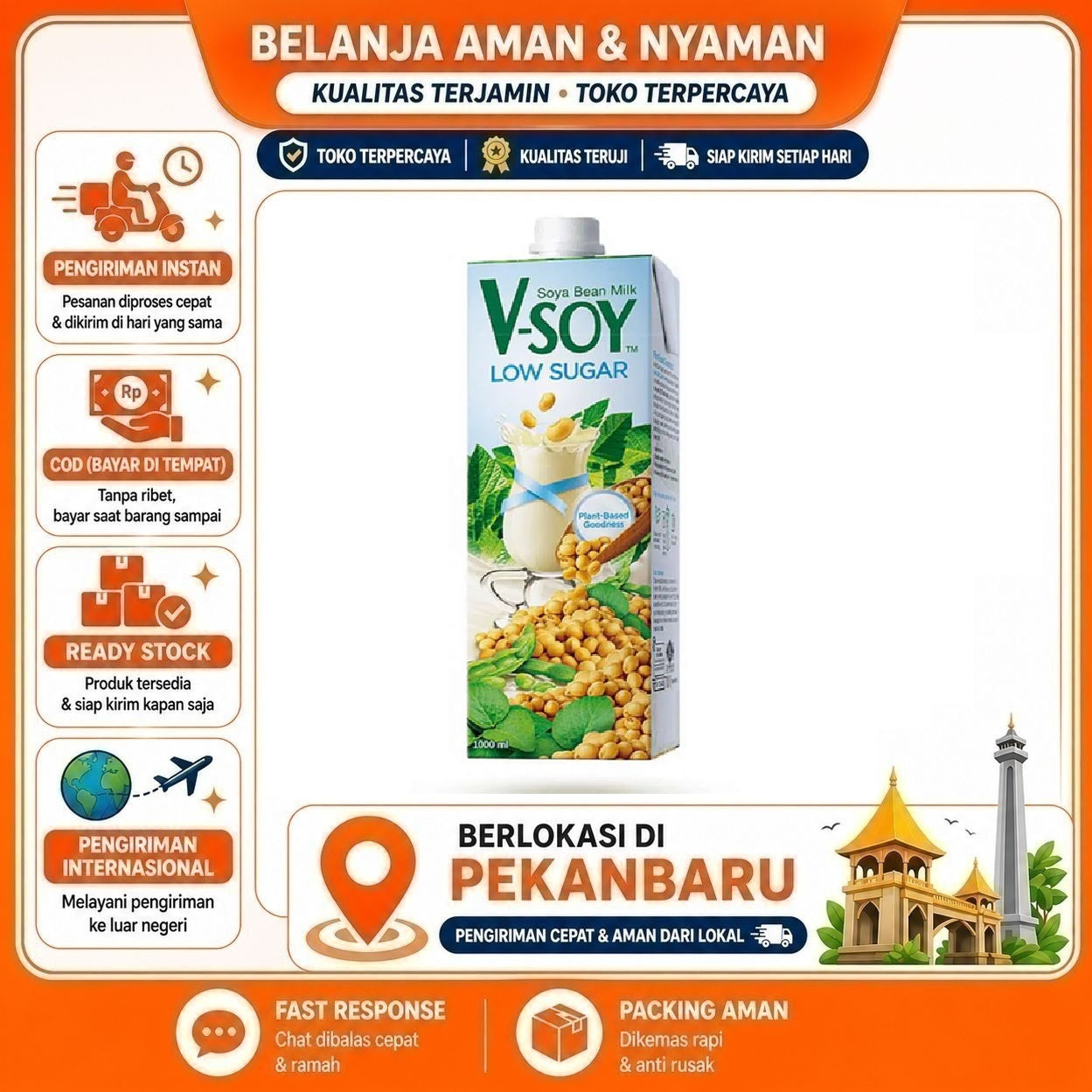 [SDW] pekanbaru/1 Liter V-soy Low Sugar Soya Bean Milk Susu Non-Dairy Minuman Nabati Protein Tinggi