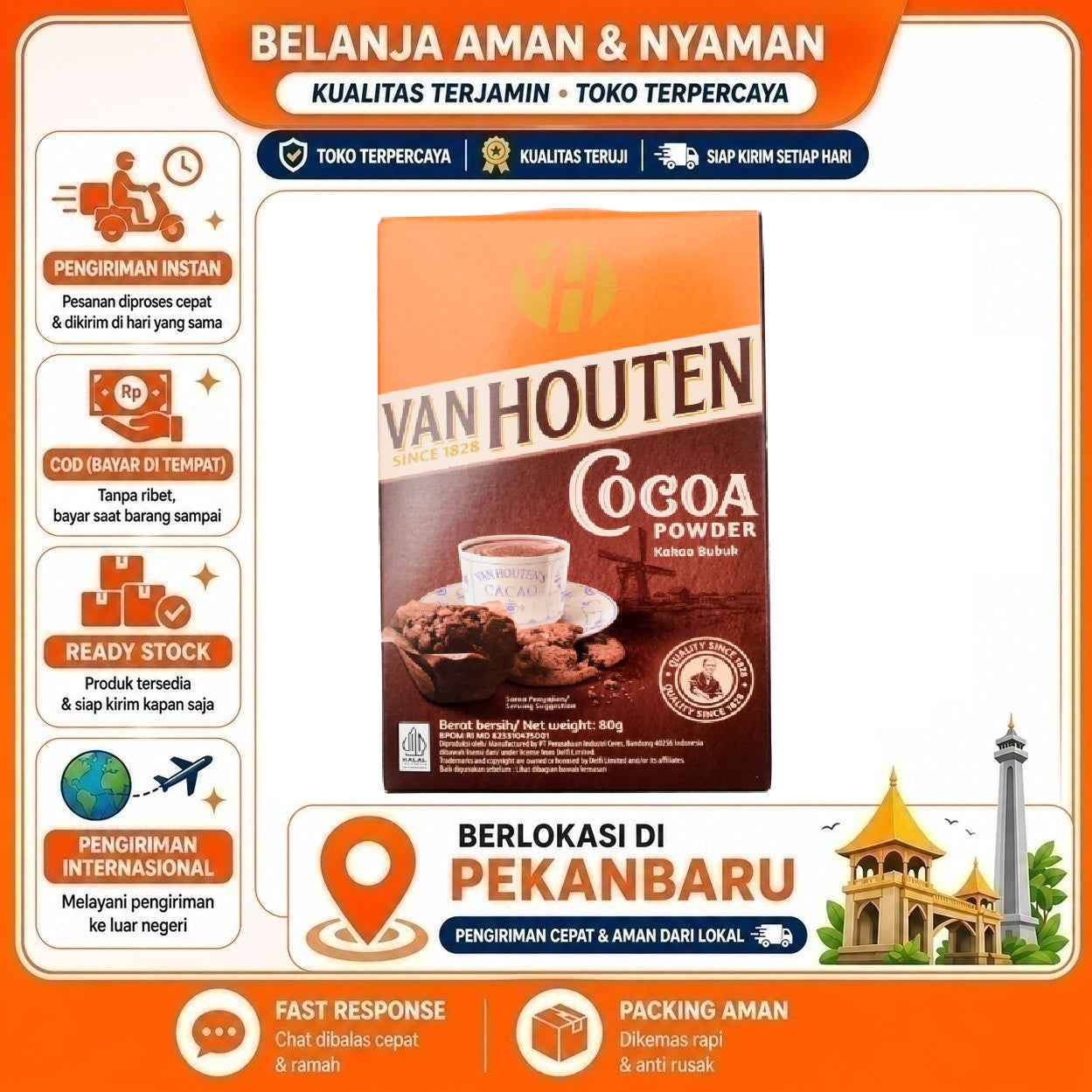 [SDW] pekanbaru/80 gr Bubuk Kakao Van Houten Cocoa Powder Rasa Coklat Alami Praktis Untuk Kue Cake