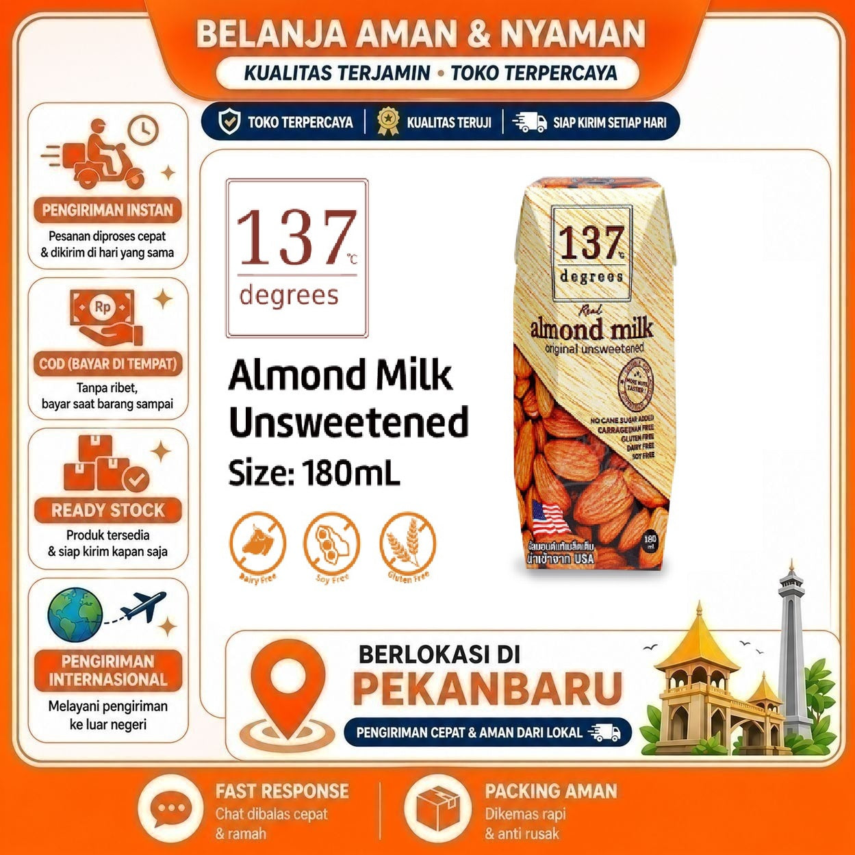 [SDW] pekanbaru/180ml 137 Degrees Almond Milk Unsweetened Susu Non-Dairy Nabati Tidak Manis Sehat