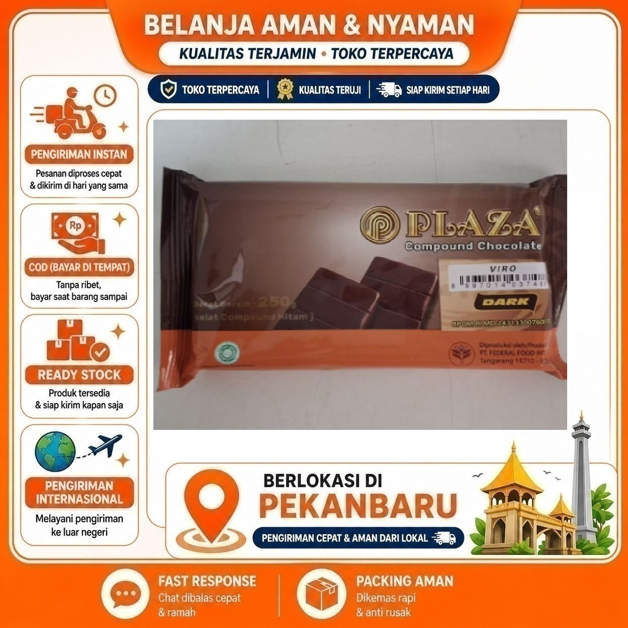 [SDW] pekanbaru/250 Gram Plaza Dark Compound Chocolate Cokelat Hitam Coklat Batang Bahan Kue Halal