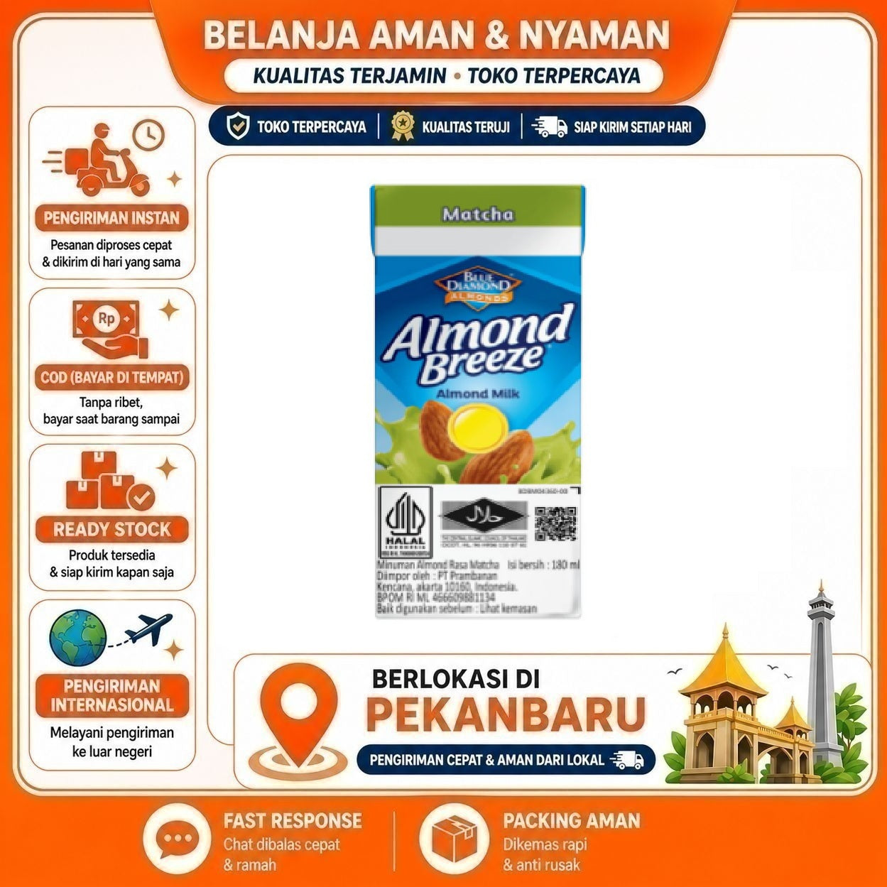 [SDW] pekanbaru/180ml Almond Breeze Milk Matcha Flavor Blue Diamond Minuman Susu Non-Dairy Halal