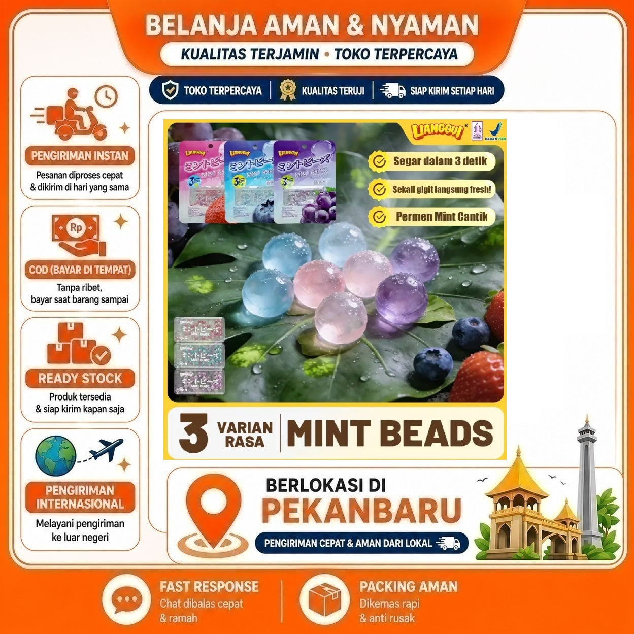 [SDW] pekanbaru/Lianggui Permen Mint Mutiara 1 Saset 3 gr Rasa Stroberi Blueberi Anggur Grape Halal